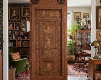 Antique Painted Ganesha Door, 18c Vintage Indian Teak Wood Yoga Resort Statement Door, 84