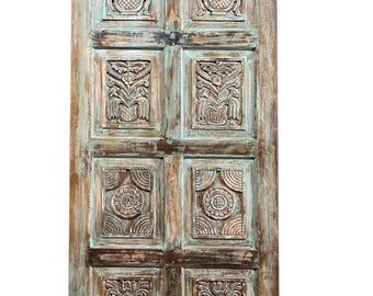 Boho Carved Wood Barn Door: Distressed Green Floral Design (80x36 inches)