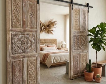 Vintage Carved Solid Wood Doors | Single or Double Sliding Barn Doors 96x36