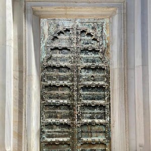 Antique Teak Barn Doors – Rustic Carved Farmhouse Double Doors, Vintage Ranch Entry Gates, Handcrafted Wood Architectural Design 85x39