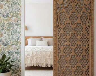 Vintage Carved Wood Barn Door: Lattice Carved Wood Barn Door, Brown Custom Decorative Door Room Divider Panel (80x36)