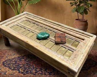 Antique Indian Door Coffee Table, Brass Clad Rustic Farmhouse Chai Table (59 in)