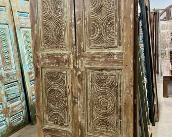 Artistic Carved Barn Door| Solid Wood Door | Vintage Whitewash Door | Custom | Rustic Charka Floral Farmhouse Interior Double Door 80x43in