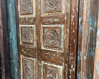 Antique Carved Teak Double Doors: Vintage Home Decor Farmhouse Floral Barn Door 80x42