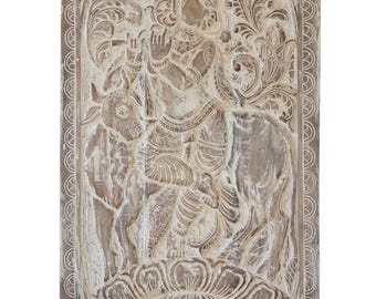 Krishna With Cow Vintage Carved Door Wall Art Rustic Coastal Boho Whitewash Custom Size Barn Door Sliding Interior Barndoor Wall Panel 72x35