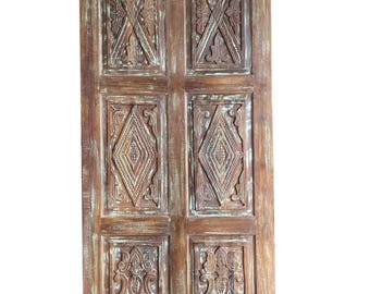 Vintage Bohemian Floral Hand Carved Door Reclaimed Solid Wood Vintage Green Wall Art Single Interior Door Artsy Decorative Barn Door 84x36