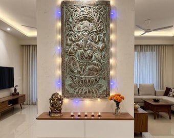 Trimukhi Ganesha Wall Sculpture – Vintage Bluewash Indian Carved Wooden Panel 72