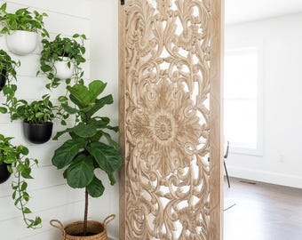 Lotus Carved Reclaimed Wood Barn Door: Boho Room Divider (80x36)