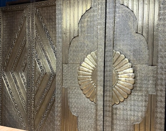 Vintage Brass-Clad Carved Lotus Double Doors | Statement Bespoke Entry Doors 80x48