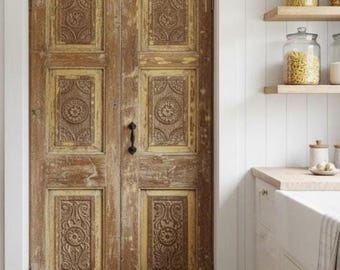 Antique Floral Carved Teak Double Doors: Reclaimed Wood, Brass Studs Barndoors (80x34)