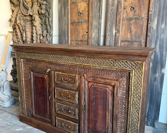 Antique Brass Accent Sideboard Buffet | Hand-Carved Wooden Credenza Cabinet | Ornate Traditional Storage 65x41
