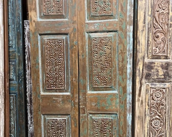 Antique Carved Waves Wooden Double Doors: Old World Style Spanish Pantry Closet Barn Doors 80x33