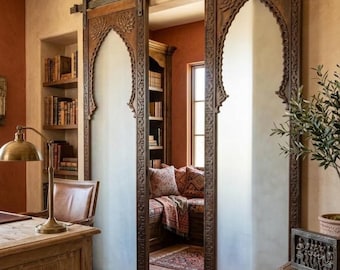 Vintage Carved Arched Double Doors - Wood & Glass Barn Doors - Architectural Jharokha Design 96x48