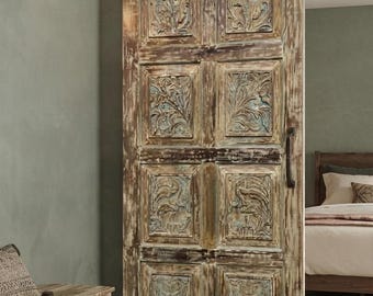Antique Hand Carved Wood Door, Whitewashed Floral Panel Rustic Farmhouse Entry Door 80x36