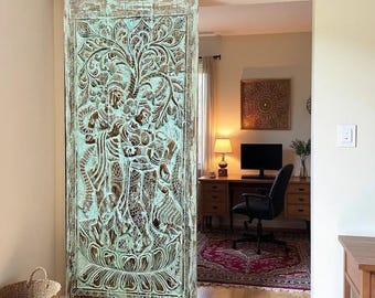 Radha Krishna Reclaimed Wood Carved Door Panel: Vintage Indian Bluewash Wall Art (96x40)