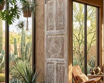 Vintage Whitewashed Carved Solid Wood Door | Modern Farmhouse Hinged or Sliding Barndoors, 96x36