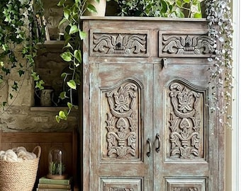 Antique Indian Distressed Cabinet, Hand Carved Teak Wood Floral Armoire 57x35