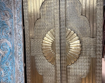 Vintage Brass-Clad Carved Lotus Double Doors | Statement Bespoke Barn Doors 80x48