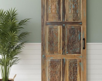 Vintage Floral Carved Barn Door: Reclaimed Wood, Rustic Green (84x36)