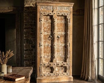 Antique Indian Door Wardrobe Armoire: Rustic Solid Wood Large Farmhouse Cabinet 78x37