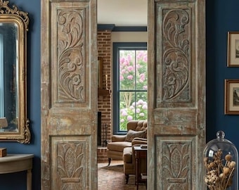 Antique Indian Carved Wood Double Doors – Rustic Farmhouse Floral Barn Doors 80x40