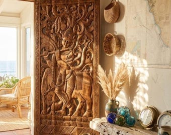 Fluting Krishna with Cow Lattice Carved Wood Wall Art: Vintage India Yoga Decor, 72x36in