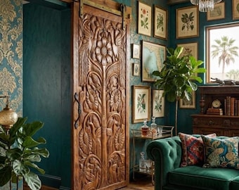 Vintage Carved Tree of Life Barn Door Rustic Sliding Door, Reclaimed Wood Wall Decor 84x36