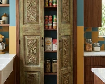 Vintage Carved Wood Doors: Distressed Green Hinged or Sliding Barn Door 80x32