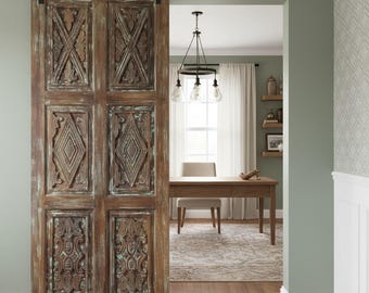 Floral Carved Wood Barn Door: Rustic Reclaimed Wood Vintage Pantry Door 84x36