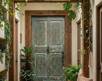 Antique Carved Wood Single Door | Blue Patina Floral Sliding Barn Door Panel 80x38.25