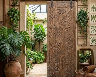 Vintage Hand Carved Wood Tree of Life Barn Door: Holistic Sculptural Wall Art (84x36)