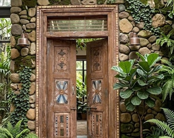 Antique Carved Teak Wood Doors Indo French Garden Entry Doors With Frame 98x54