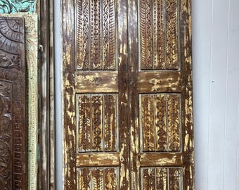Antique Rustic Modern Carved Double Doors: Sliding Barn Doors with Brass Stud Detail 80x35