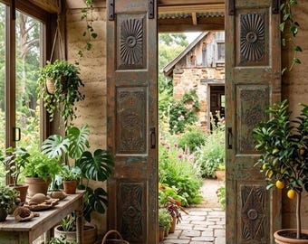 Antique Teak Door Panels Pair | Teal Distressed Patina | Hand-Carved Floral Boho Barn Door 80x32