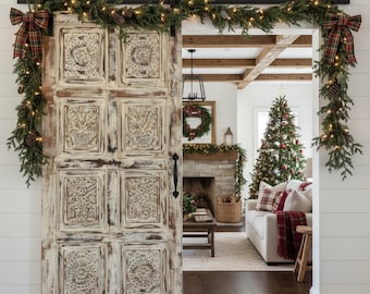 Antique Carved Door with Brass Studs | Floral Carved Door | Hinged or Sliding Barn Door | 80x36 | Vintage Farmhouse Decor