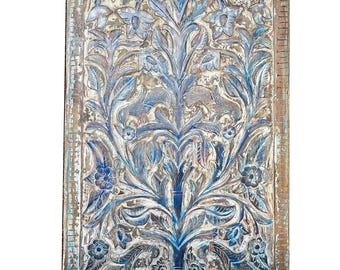 Blue Tree Of Life Door Hand Carved Door Interior Barn Door Wall Sculpture Vintage Indian Carving Custom Artisan Barndoor 84x40in