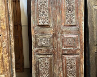 Antique Hand-Carved Teak Double Doors | Boho Barn Door with Rustic Green | Vintage Statement Pantry Closet Door | Rustic Farmhouse 80in