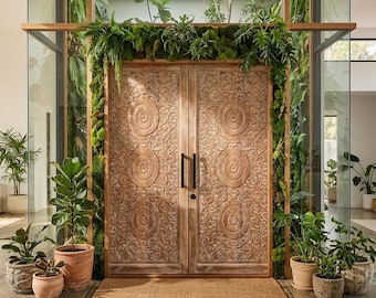 Double Carved White Lotus Wooden Exterior Doors: Statement Sliding Barndoors 84x41.5in