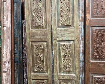 Vintage Carved Wood Doors Distressed Green Six Panel Hinged or Sliding Barn Door 80x32