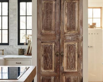 Vintage Carved Wood Double Doors, Pantry, Closet, Farmhouse Sliding Barn Doors (80x29)