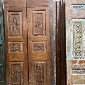 Vintage Carved Double doors Floral Door Reclaimed Solid Wood Ranch Farmhouse Custom Interior Exterior Door Brass Nail Studs Barn Door 80