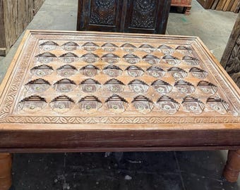 Antique Carved Wood Coffee Table: Reclaimed Indian Door, Rustic Green Patina, Brass Accents 54x37