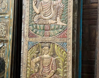 Vintage Home Decor Hand Carved Buddha Barn Door: Colorful Wood Wall Art Panel 83x36