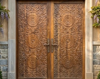 Lotus Carved Front & Back Natural Wood Doors: Statement Entry Doors, Barndoors 80x36in