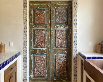 Vintage Spanish Colonial Carved Solid Wood Double Doors: Rustic Floral Custom Barn Doors (80x38.5)