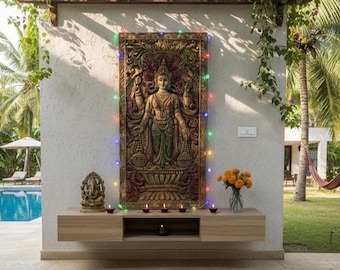 Vintage Indian Carved Wall Panel – Goddess Lakshmi – Handcrafted Wood Art (72” x 36”)