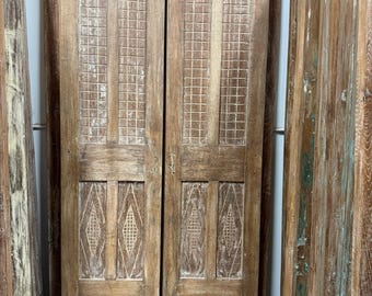 Vintage Carved Wood Double Doors – Rustic Natural Wooden Barndoors Organic Decor 80x33