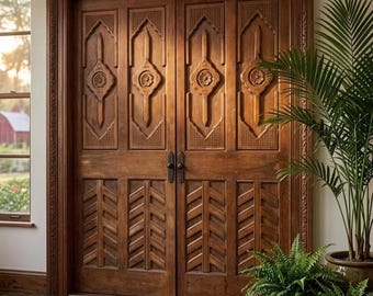 Old World Carved Spanish Style Doors: Natural Wood Barn Doors, 80x30in