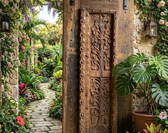 Antique Tobacco Carved Wood Door, Mountain Cabin Teak Floral Carved Panel Door with Iron Studs 85X36.5