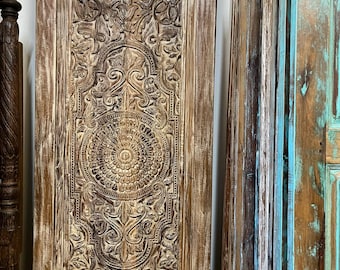 Hand Carved Boho Lotus Door Floral Accents Customized Vintage Reclaimed Wood Barn Door Rustic Statement Home Office Library Door 80x36"
